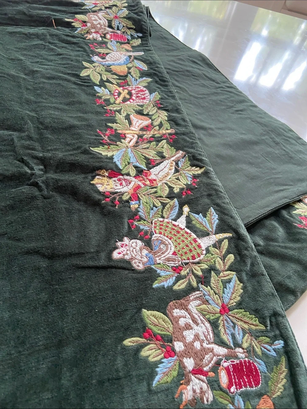 Embroidered Velvet Table Runner in Deep Forest Green.. pottery barn runner